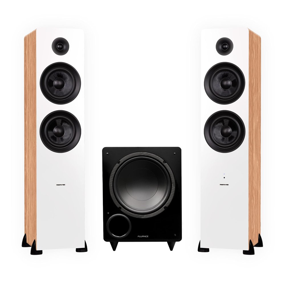 Fluance Ai81 Powered Floorstanding Tower Speakers (Bamboo) and DB10 10" Low Frequency Ported Front Firing Powered Subwoofer (Black Ash) with 15 Feet RCA Ultimate Performance Collection Subwoofer Cable