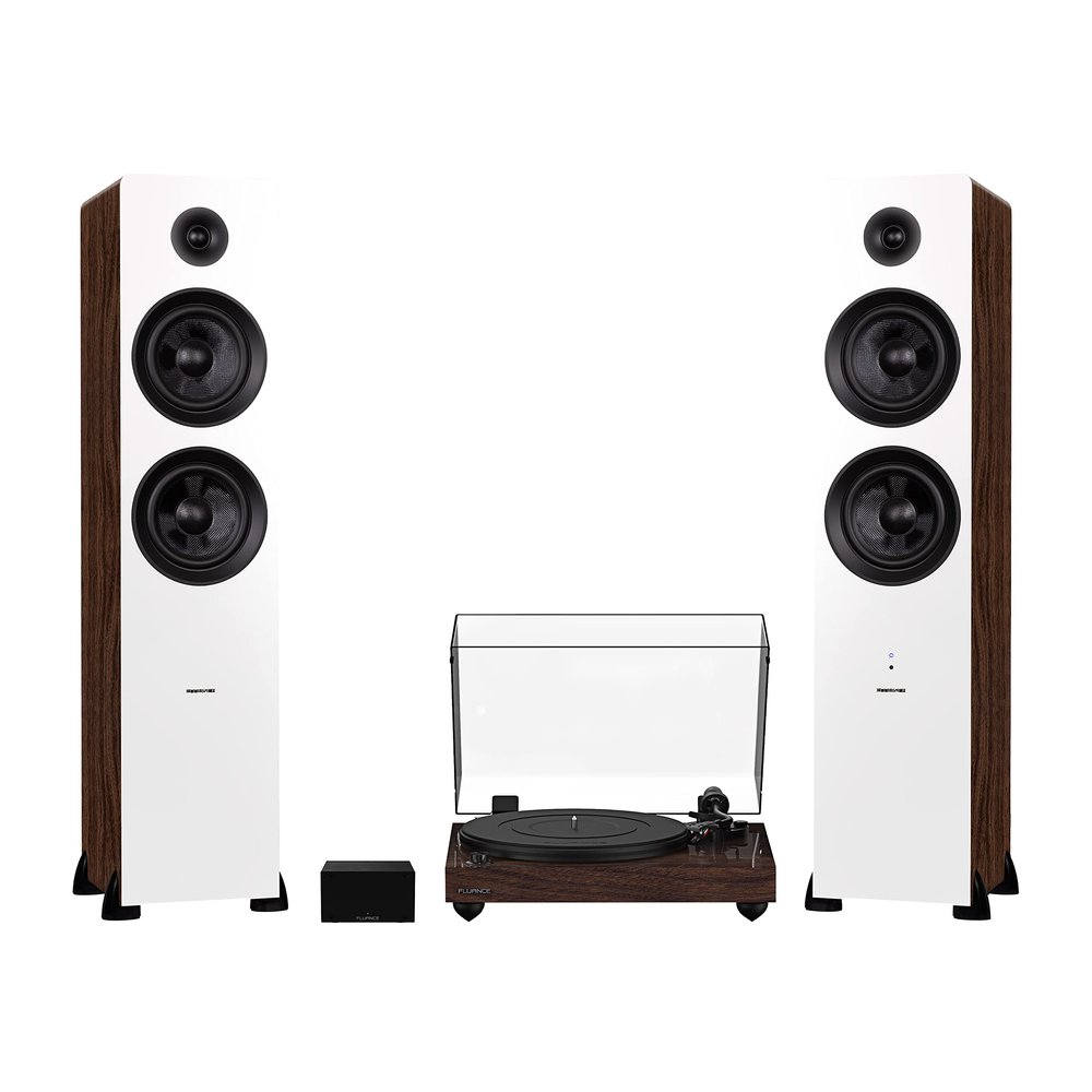 Fluance RT82 Reference High Fidelity Vinyl Turntable (Walnut), PA10 Phono Preamp and Ai81 Powered Floorstanding Speakers (White Walnut), Ortofon OM10 Cartridge, 150W Class D Amplifier, Bluetooth