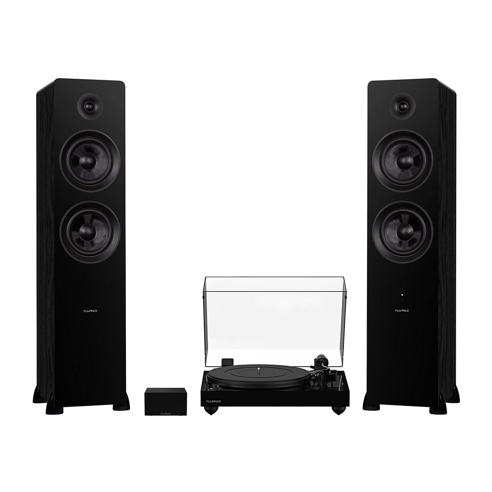 Fluance RT82 Reference High Fidelity Vinyl Turntable (Piano Black), PA10 Phono Preamp and Ai81 Powered Floorstanding Speakers (Black Ash), Ortofon OM10 Cartridge, 150W Class D Amplifier, Bluetooth