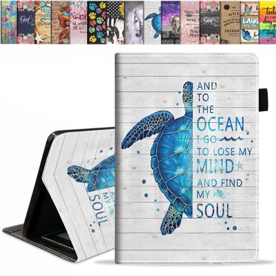 ERWYTYIOI Case for Kindle Fire 7 Tablet (9th/7th Gen, 2019/2017 Release) - Slim PU Leather Stand Flip Cover with Card Slot & Pencil Holder, Funny Words with Blue Sea Turtle on Rustic Wooden Board
