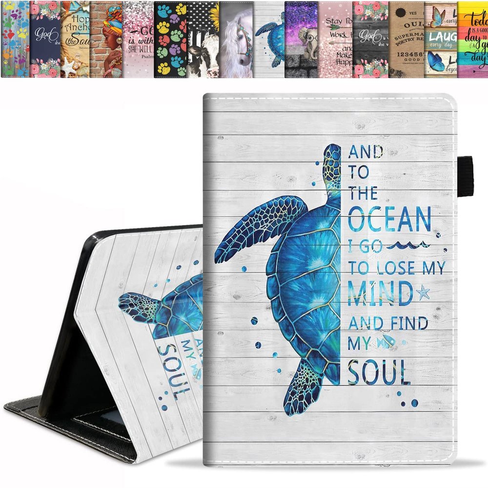 ERWYTYIOI Case for Kindle Fire 7 Tablet (9th/7th Gen, 2019/2017 Release) - Slim PU Leather Stand Flip Cover with Card Slot & Pencil Holder, Funny Words with Blue Sea Turtle on Rustic Wooden Board