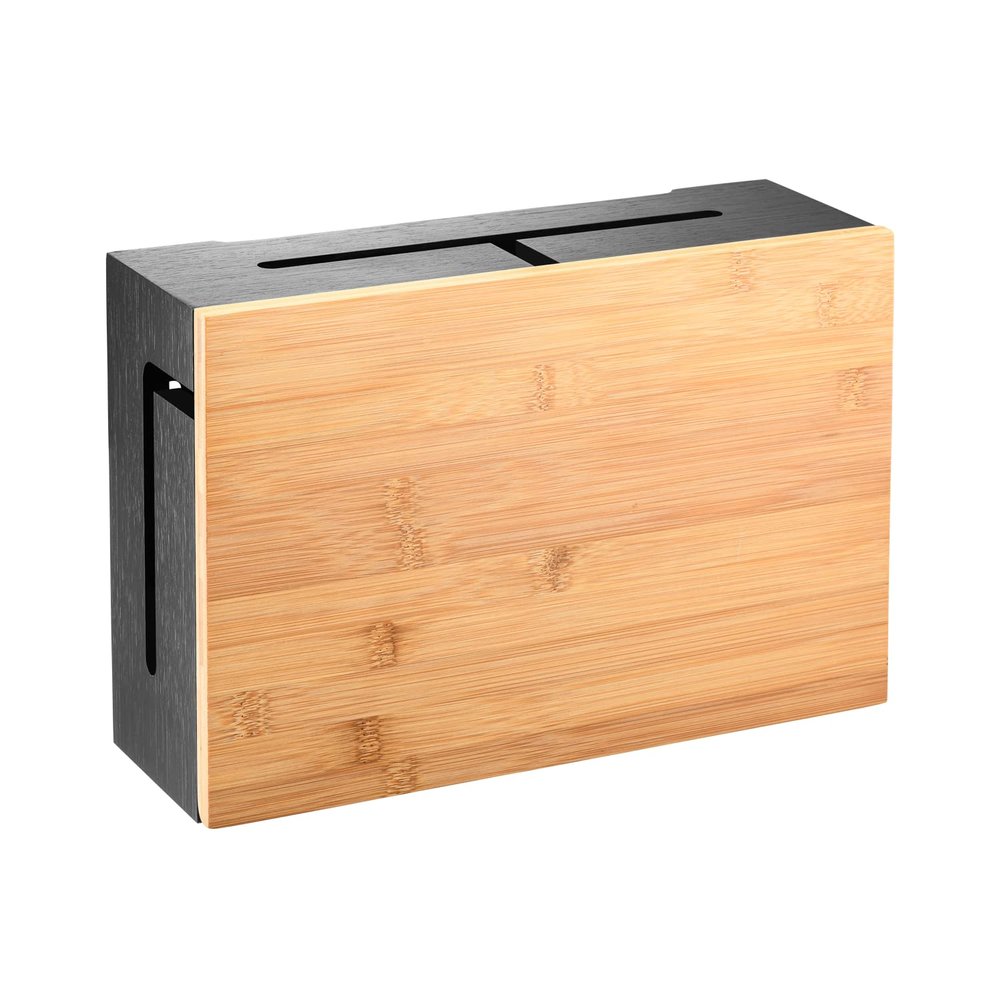 Bamboo Cable Management Box with Magnetic Lid - 12,6x7,9x4.3 in - Durable Cable Organizer to Hide Cords & Power Strip - Wall Mountable - Including Hardware - for Home, Office, Desk & More (Black)