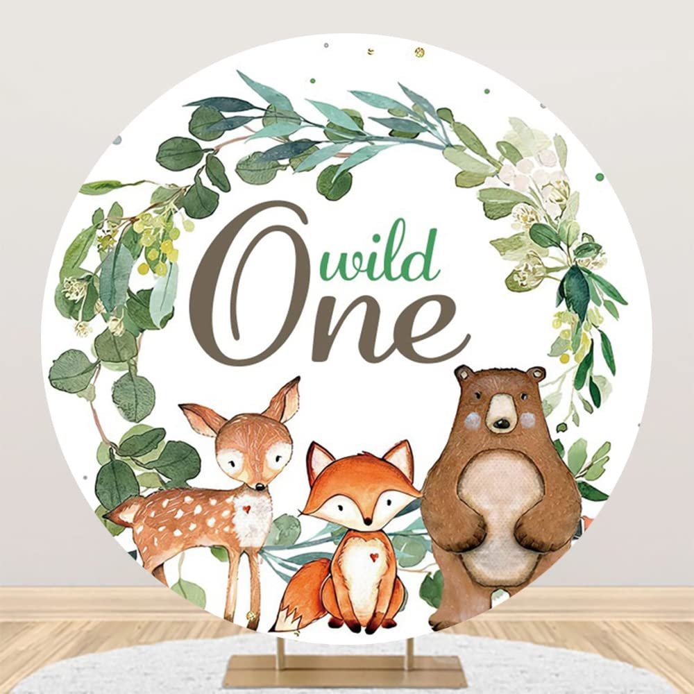 Yeele 7x7ft Woodland Birthday Round Backdrop Wild One Greenery Wreath Fox Bear Photography Background Safari Jungle Boy's Baby Shower 1st Birthday Party Decor Banner Supplies Photo Studio Props