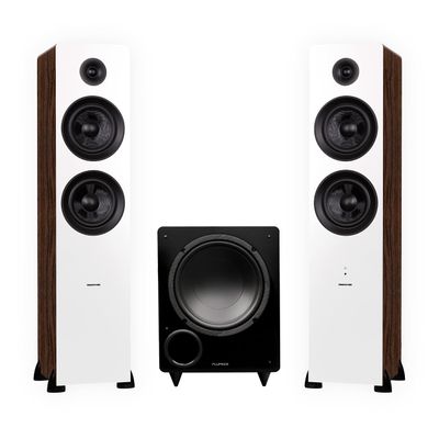 Fluance Ai81 Powered Floorstanding Tower Speakers (White Walnut) and DB10 10" Low Frequency Ported Front Firing Powered Subwoofer with 15 Feet RCA Ultimate Performance Collection Subwoofer Cable