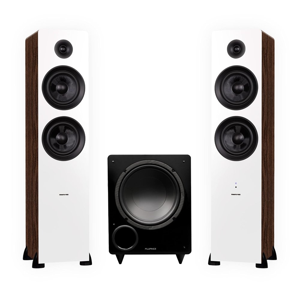 Fluance Ai81 Powered Floorstanding Tower Speakers (White Walnut) and DB10 10" Low Frequency Ported Front Firing Powered Subwoofer with 15 Feet RCA Ultimate Performance Collection Subwoofer Cable