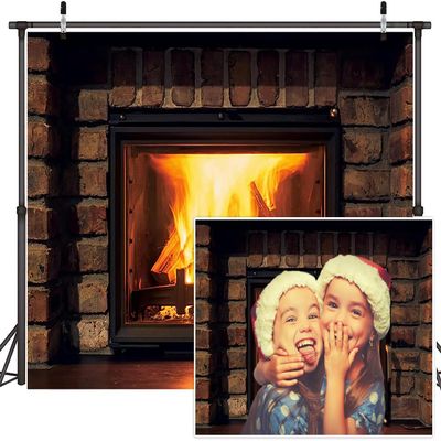 12x10ft Warm Fireplace Backdrop Retro Brick Wall Stone Fireside Burning Firewoods Christmas New Year Backdground Fireplace Burning Fire Backdrop Vinyl Photography Background