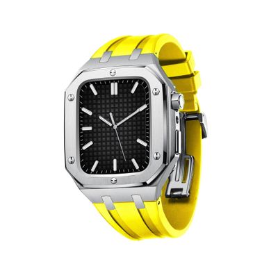 AEMALL For Apple Watch Band 45mm 44mm with Metal Bumper Case,Rugged Men Bands for iWatch Series 7 6 5 4 SE,Stainless Steel Protective Cases Protector Drop-Proof Shockproof(Silver Yellow,45MM FOR 7)