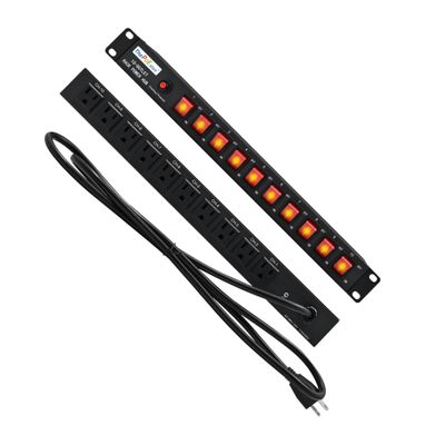 10 Outlets Horizontal 1U PDU Rackmount Power Strip - 10 Individual Led Switches, 100V-250V-1800 Joules, w/ 6 ft Power Cord for OfficeHome and Network Server