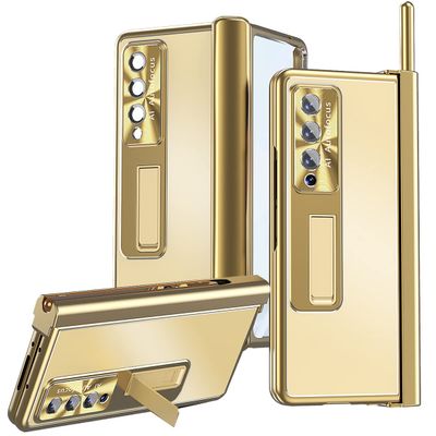 For Samsung Galaxy Z Fold 3 5G Case Aluminum Alloy Metal, Kickstand with 2 Hinges, a Pen ,Glass Screen Protector, Camera Protect, Men Women Heavy Duty Case for Galaxy Fold 3 Cover (gold,Z Fold3)