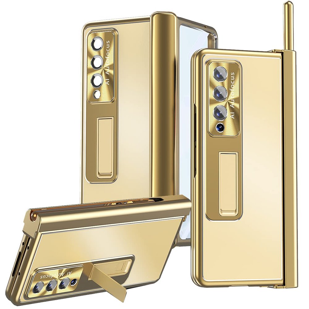 For Samsung Galaxy Z Fold 3 5G Case Aluminum Alloy Metal, Kickstand with 2 Hinges, a Pen ,Glass Screen Protector, Camera Protect, Men Women Heavy Duty Case for Galaxy Fold 3 Cover (gold,Z Fold3)