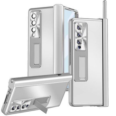For Samsung Galaxy Z Fold 3 5G Case Aluminum Alloy Metal, Kickstand with 2 Hinges, a Pen ,Glass Screen Protector, Camera Protect, Men Women Heavy Duty Case for Galaxy Fold 3 Cover (silver,Z Fold3)