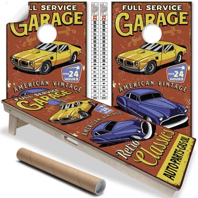 Cornhole Board Wraps & Decals Cornhole Wraps for Boards Set of 2 Corn Hole Decal, 25 Designs Skins Professional Vinyl Cornhole Decal for Boards Covers Sticker Cornhole Vinyl Wraps (Retro Garage)