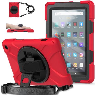 360 Rotatable case for Fire7 2022 12th Generation 7 '' Detachable Shoulder Strap/Hand Strap/Rotating Kickstand Shockproof dustproof Sturdy Protective case (Fire7 2022, Red)