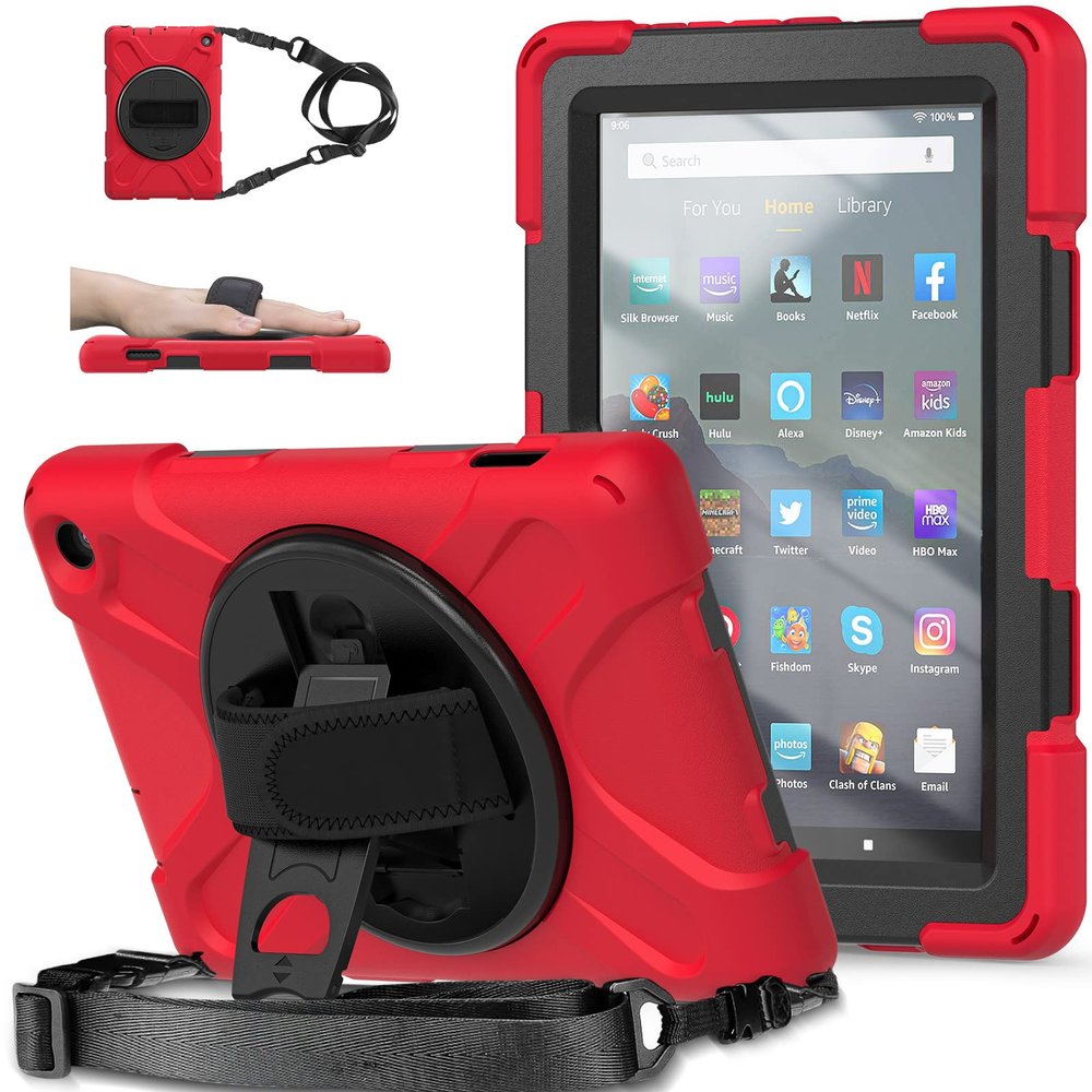 360 Rotatable case for Fire7 2022 12th Generation 7 '' Detachable Shoulder Strap/Hand Strap/Rotating Kickstand Shockproof dustproof Sturdy Protective case (Fire7 2022, Red)