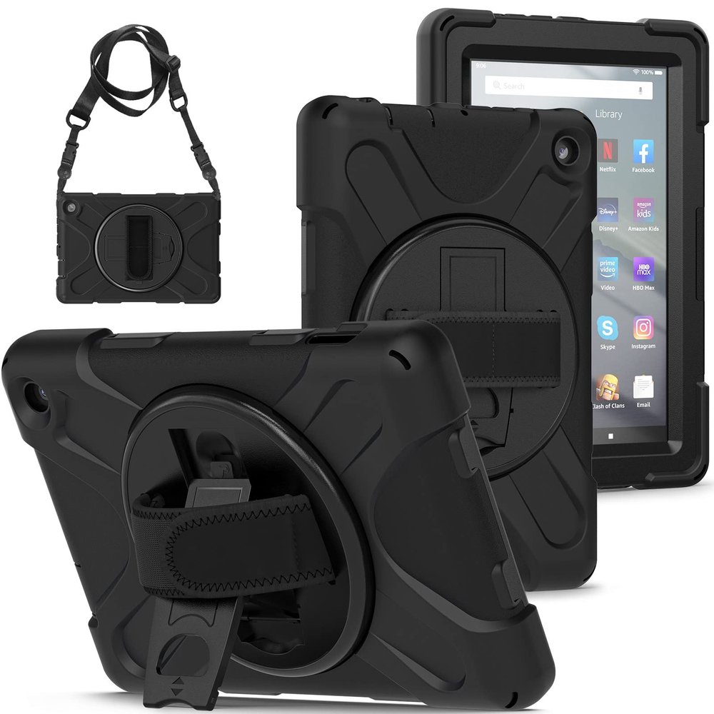 360 Rotatable case for Fire7 2022 12th Generation 7 '' Detachable Shoulder Strap/Hand Strap/Rotating Kickstand Shockproof dustproof Sturdy Protective case (Fire7 2022, Black)