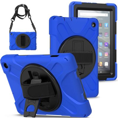360 Rotatable case for Fire7 2022 12th Generation 7 '' Detachable Shoulder Strap/Hand Strap/Rotating Kickstand Shockproof dustproof Sturdy Protective case (Fire7 2022,Blue)