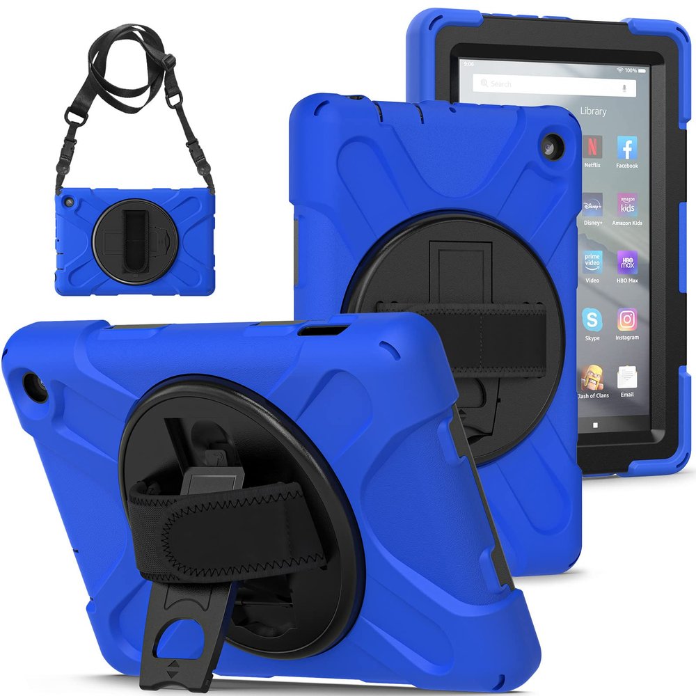 360 Rotatable case for Fire7 2022 12th Generation 7 '' Detachable Shoulder Strap/Hand Strap/Rotating Kickstand Shockproof dustproof Sturdy Protective case (Fire7 2022,Blue)
