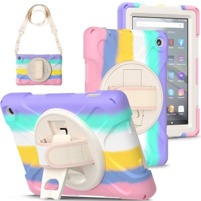 360 Rotatable case for Fire7 2022 12th Generation 7 '' Detachable Shoulder Strap/Hand Strap/Rotating Kickstand Shockproof dustproof Sturdy Protective case (Fire7 2022, Rainbow Pink)