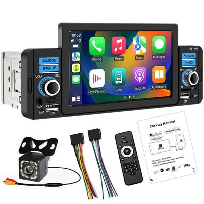 1 Din 5" Touch Screen Bluetooth Car Stereo Media Receiver Apple CarPlayer Android Auto Car Radio with Support Hands Free Calling FM SWC USB AUX Mirror Link + 12 LED Backup Camera