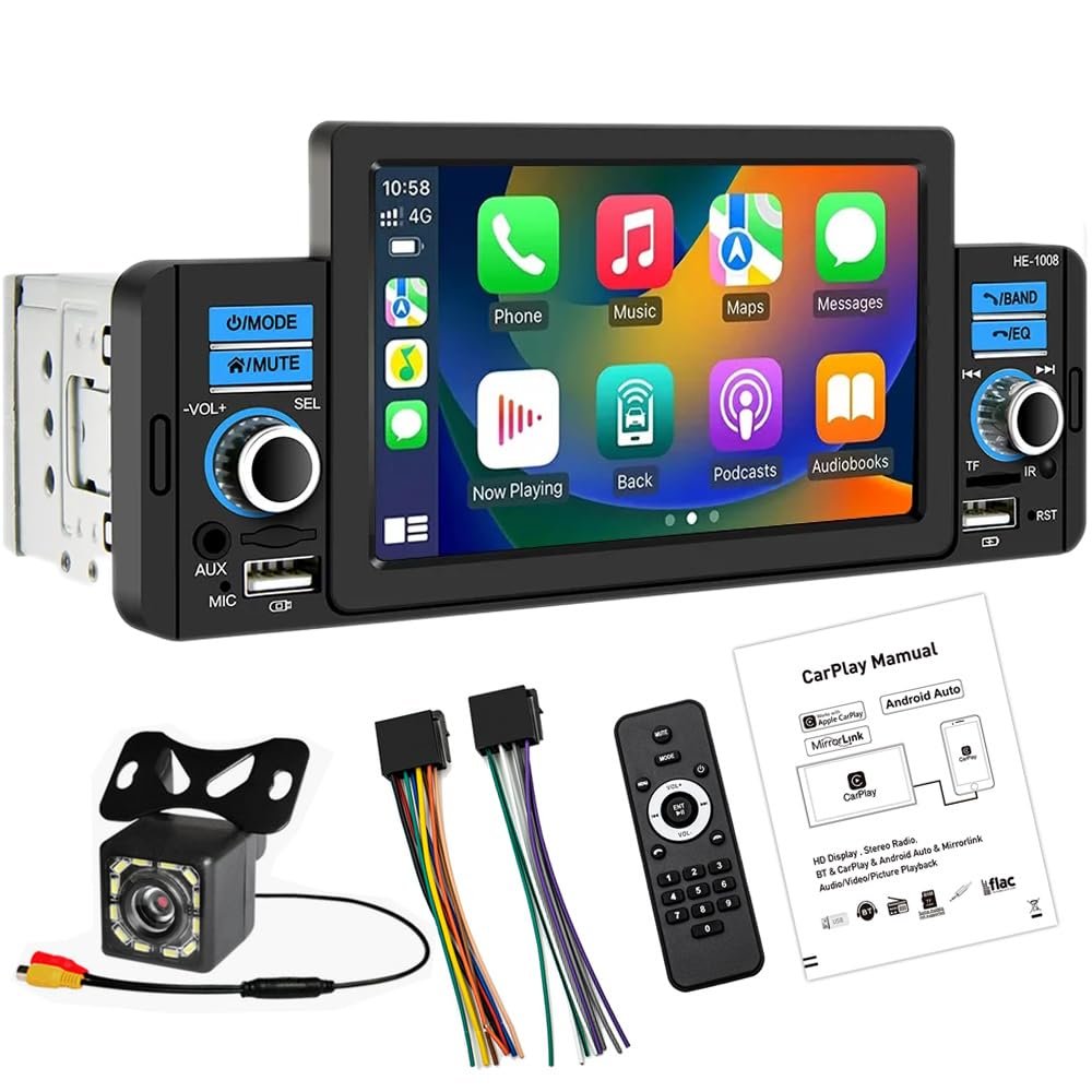 1 Din 5" Touch Screen Bluetooth Car Stereo Media Receiver Apple CarPlayer Android Auto Car Radio with Support Hands Free Calling FM SWC USB AUX Mirror Link + 12 LED Backup Camera