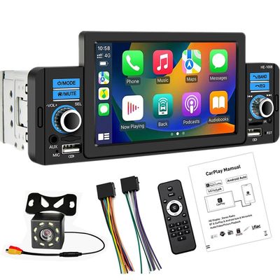 1 Din Apple CarPlayer Android Auto Stereo Media Receiver 5" Touch Screen Car Radio with Support Bluetooth Hands Free Calling FM SWC USB AUX Mirror Link + 8 LED Backup Camera