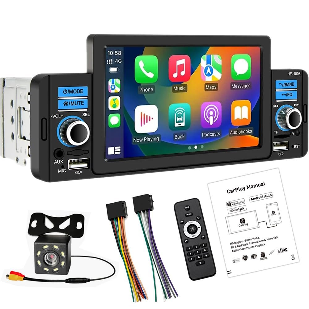 1 Din Apple CarPlayer Android Auto Stereo Media Receiver 5" Touch Screen Car Radio with Support Bluetooth Hands Free Calling FM SWC USB AUX Mirror Link + 8 LED Backup Camera
