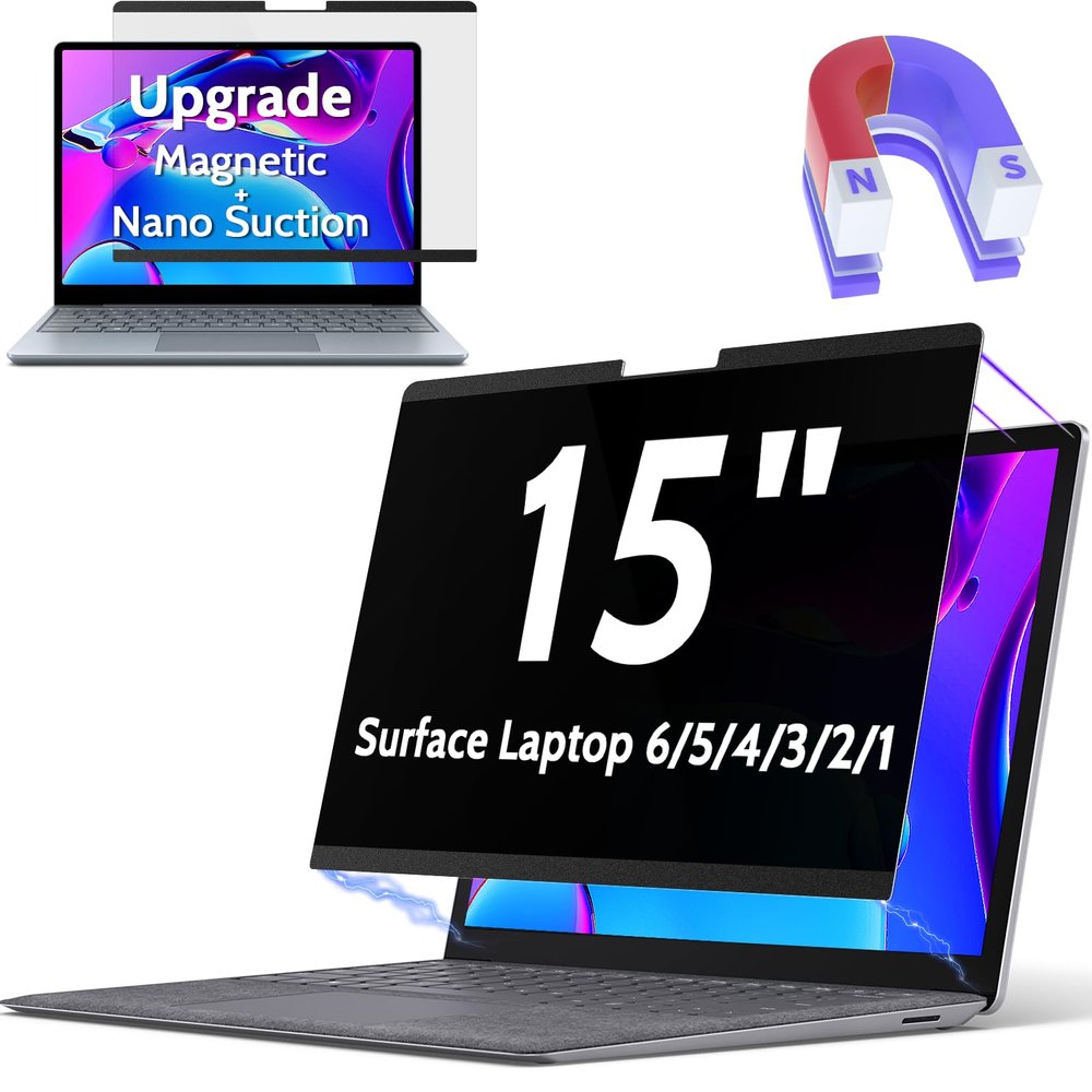Peslv Magnetic Privacy Screen Surface Laptop 6/5/4/3/2/1 15 Inch, Removable Anti Blue Light Glare Filter, Black Security Private Apy Block Protector