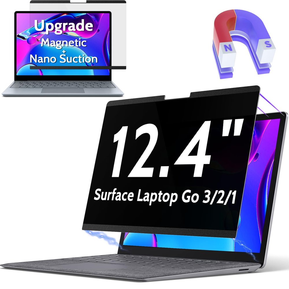 Peslv Magnetic Privacy Screen for Surface Laptop Go 3/2/1 12.4 Inch, Removable Anti Blue Light Glare Filter, Black Security Private Apy Block Protector