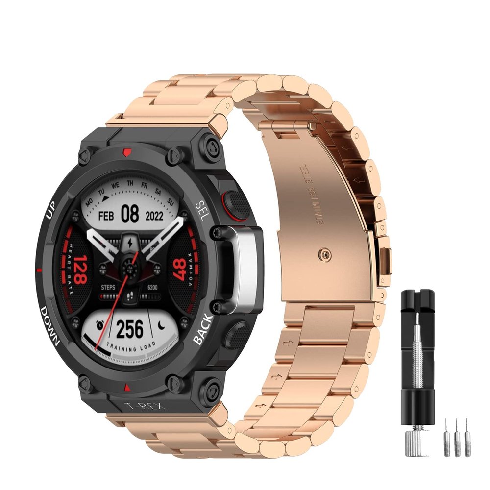 E ECSEM Bands Compatible for Amazfit T-Rex 2 Band Men Metal Adjustable Stainless Steel Cool Wristband Bracelet Accessories Replacement Strap for Amazfit T-Rex 2 Smartwatch (RoseGold)