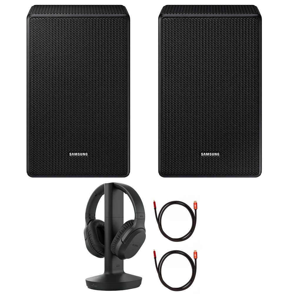 Samsung SWA-9500S Wireless Rear Speaker Kit w/Dolby Atmos for Soundbar Surround Sound Bundle with Sony RF400 Wireless Home Theater Headphones + 2X Deco Gear 6FT Universal 4K HDMI 2.0 Cable