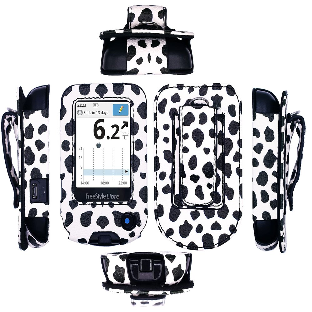 Premium Fitted Leather Case with Screen Protector, Belt Clip,Carabiner (Including a Neck Lanyard) for Freestyle Libre 2/ Freestyle Libre 14 Day/Freestyle Libre (Black and White Spots)