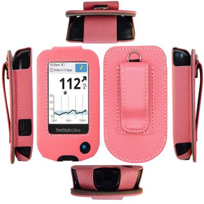 Premium Fitted Leather Case with Screen Protector, Belt Clip,Carabiner (Including a Neck Lanyard) for Freestyle Libre 2/ Freestyle Libre 14 Day/Freestyle Libre (Pink)