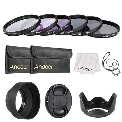 Andoer 55mm Camera Filter Kit UV + CPL FLD + + ND (ND2 ND4 ND8) with Carry Cap Bag/Lens Cap/Lens Holder/Tulip, Rubber Cleaning and Protection/Cleaning Cloth