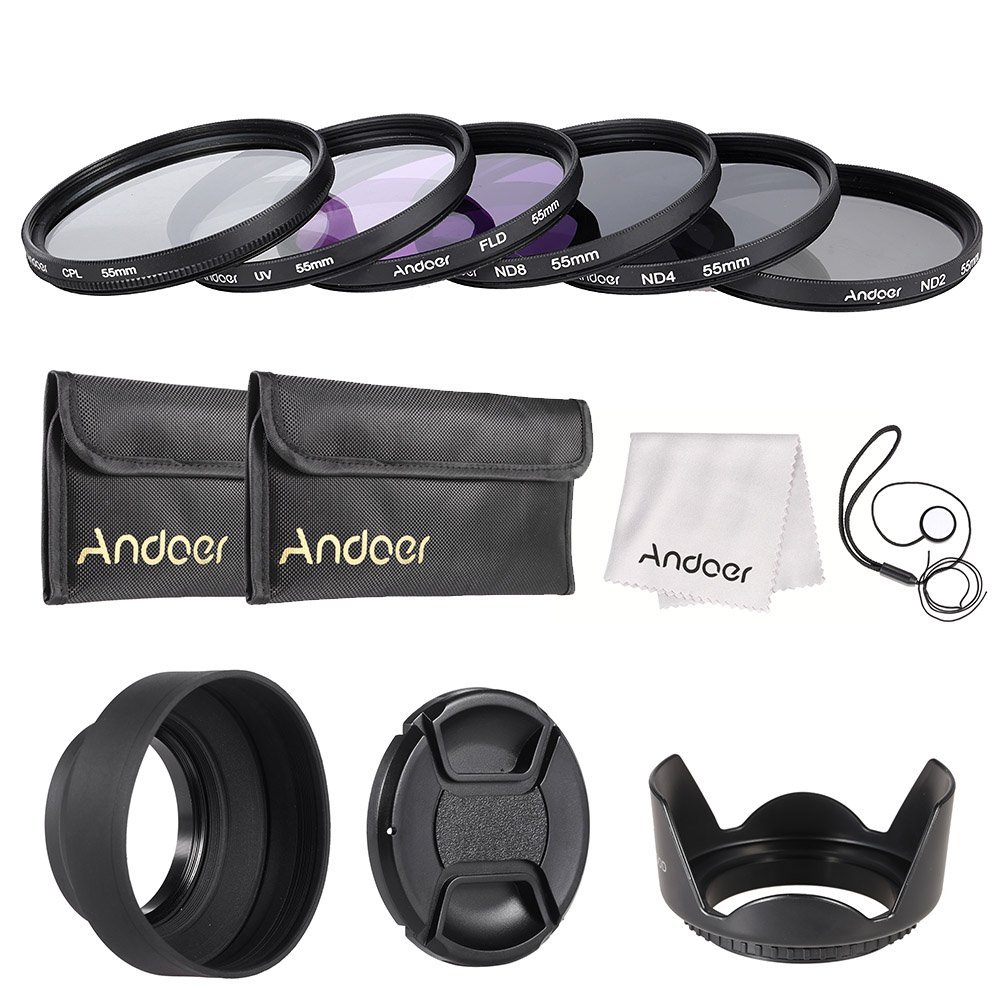 Andoer 55mm Camera Filter Kit UV + CPL FLD + + ND (ND2 ND4 ND8) with Carry Cap Bag/Lens Cap/Lens Holder/Tulip, Rubber Cleaning and Protection/Cleaning Cloth