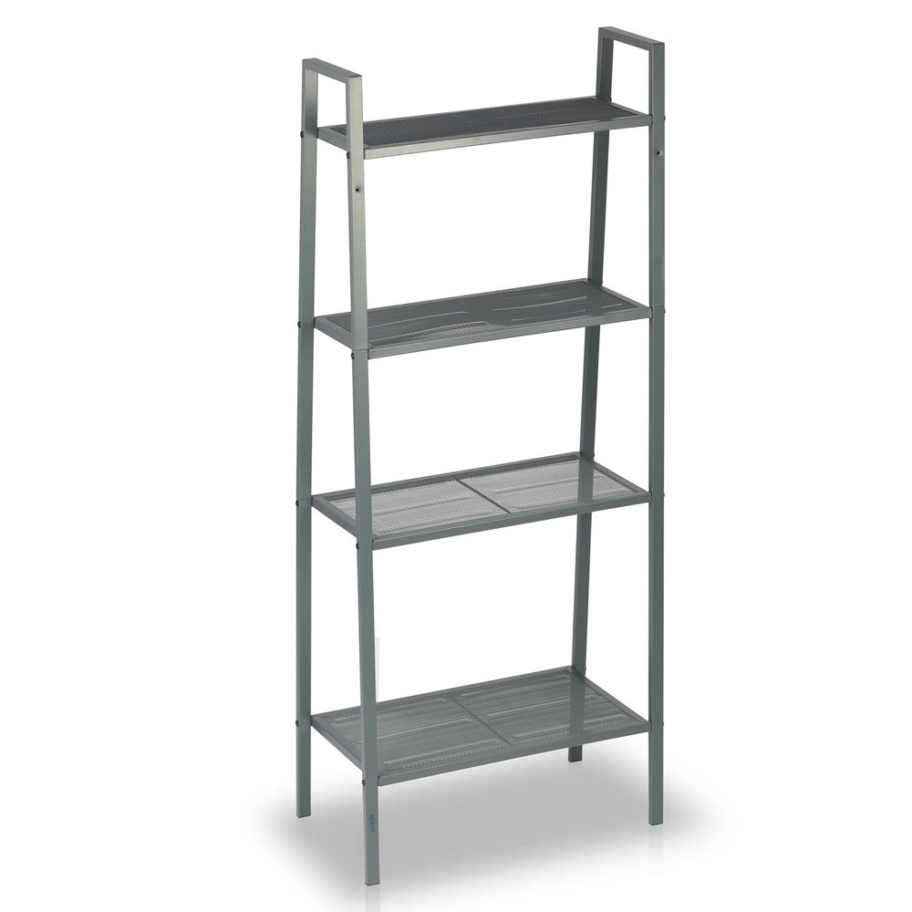 Fadidio Garage Shelf Storage Ladder Shelf Rack 4-Tier Metal Bookcase Storage Rack Shelves 46 Leaning Shelf Mesh Deck for Bathroom Living Room Display Stand Waterproof Outdoor Coat Paint Silver Grey