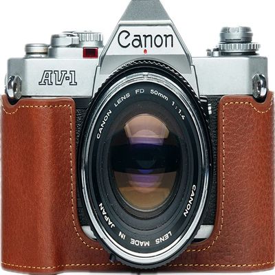 AV-1 Case, BolinUS Handmade Genuine Real Leather Half Camera Case Bag Cover for Canon AV-1 Camera With Hand Strap (Brown)