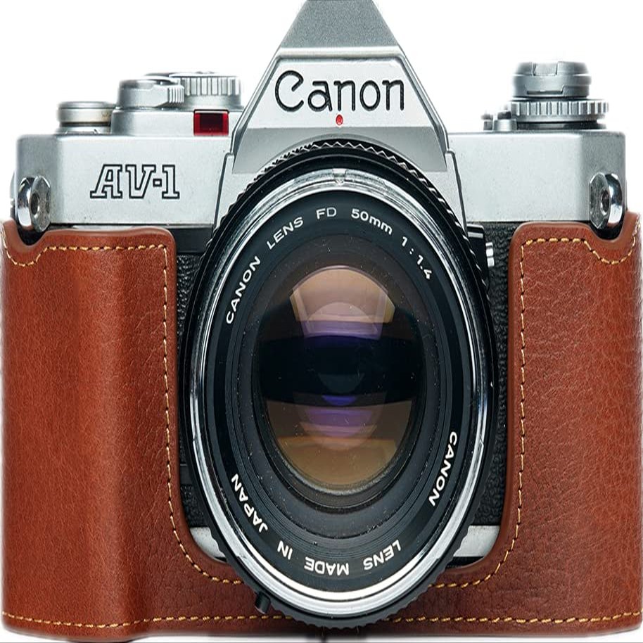 AV-1 Case, BolinUS Handmade Genuine Real Leather Half Camera Case Bag Cover for Canon AV-1 Camera With Hand Strap (Brown)