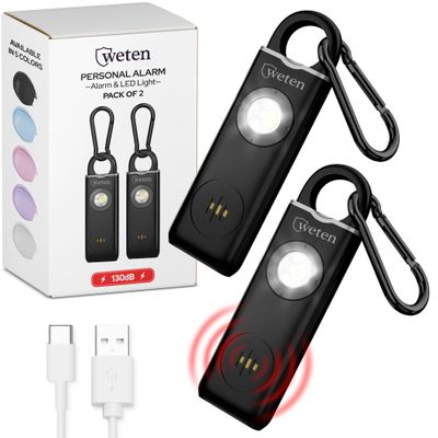 Women Safety Personal Alarm Keychain, 130dB Siren, USB-C, 2 Pack Black