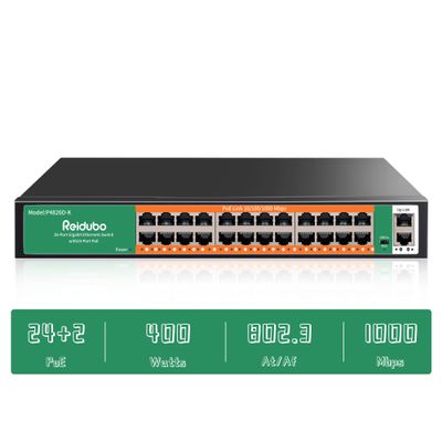 Reidubo 24 Port Gigabit PoE Switch with 2 Uplink Gigabit Ethernet Ports, 400W, Unmanaged,19-inch Rackmount, VLAN, 802.3af/at, Fanless Silent Operation, Compatible with AP WiFi6, PoE Cameras