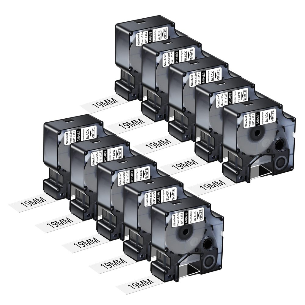 Nineleaf Rhino 5200 Label Tape Compatible for Dymo 18489 Rhino 4200 Lables Flexible Nylon Work with Dymo Rhino Pro LabelWriter Industrial 6000 Label Makers,Black on White,3/4'' x 11.5',10-Pack