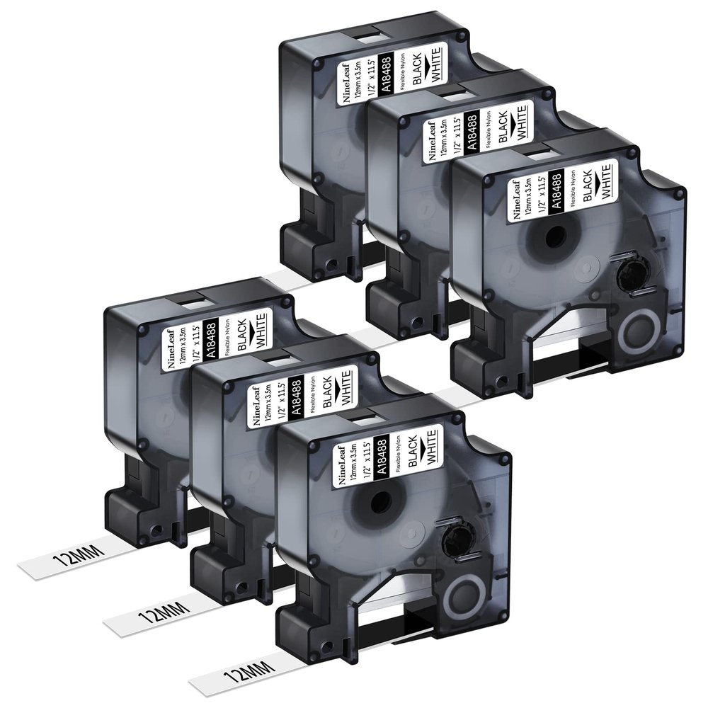 Nineleaf Rhino 5200 Label Tape Compatible for Dymo 18488 Rhino 4200 Lables Flexible Nylon Work with Dymo Rhino Pro LabelWriter Industrial 6000 Label Makers,Black on White,1/2'' x 11.5',6-Pack