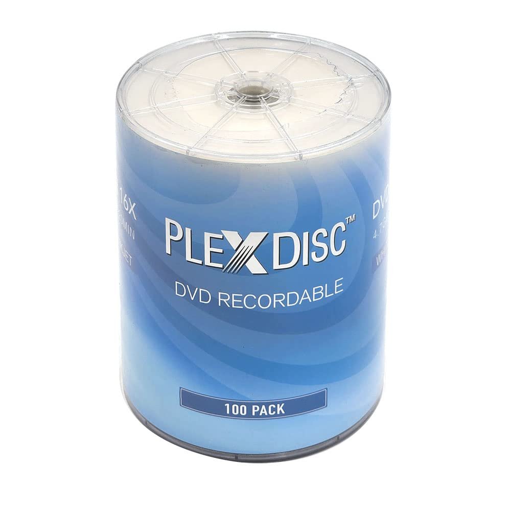 PlexDisc DVD-R 4.7GB 16X White Inkjet Hub Printable | 100 Pack Shrink Wrap (No Container) | Blank DVDs for Burning Video | Writable Media Discs