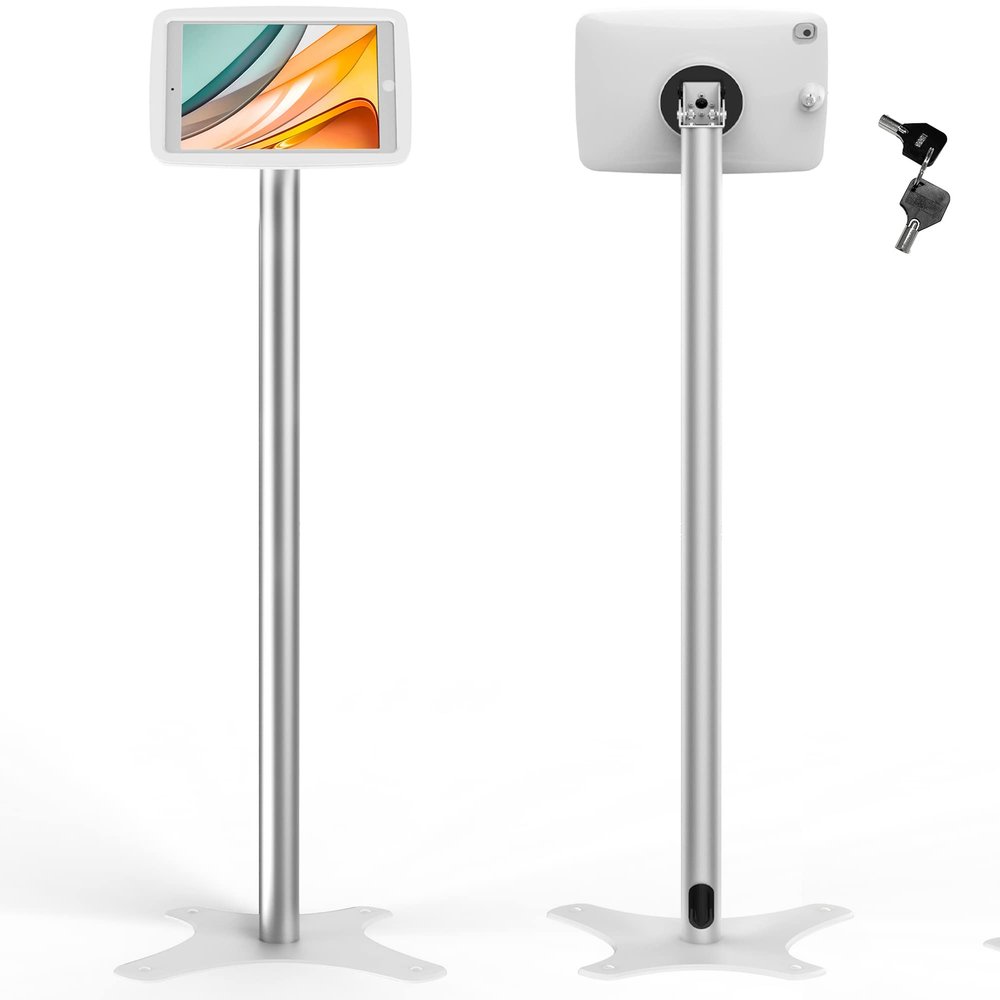 Beelta Tablet Kiosk Floor Stand Adjustable - Compatible with 10.2" iPad 7 8 9th, 120 Degree Rotate Lockable Tablet Enclosure+Aluminum Pole+Metal Base