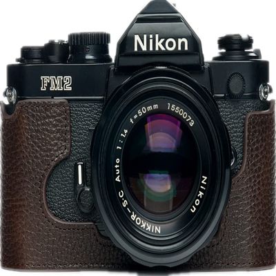 BolinUS Handmade Genuine Real Leather Half Camera Case Bag Cover for Nikon FM2 With MF-16 Back Board Camera With Hand Strap (Coffee)