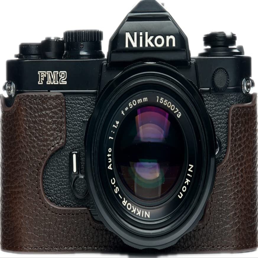 BolinUS Handmade Genuine Real Leather Half Camera Case Bag Cover for Nikon FM2 With MF-16 Back Board Camera With Hand Strap (Coffee)