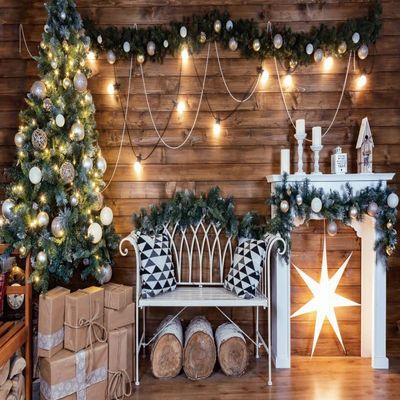 10x6.5FT Christmas Backdrop Vintage Wood Floor Photography Backdrop Christmas Tree Background Christmas Balls Xmas Tree Gift Family Party Photo Background New Year Party Decoration