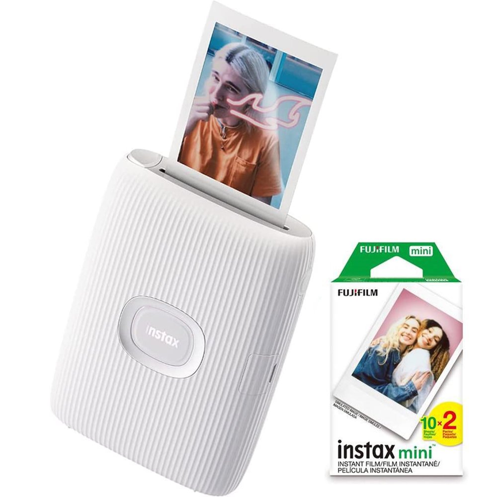 Fujifilm 16767155 Instax Mini Link 2 Smartphone Printer Clay White Bundle Instax Mini Twin Pack Picture Format Instant Daylight Film 20 Shots