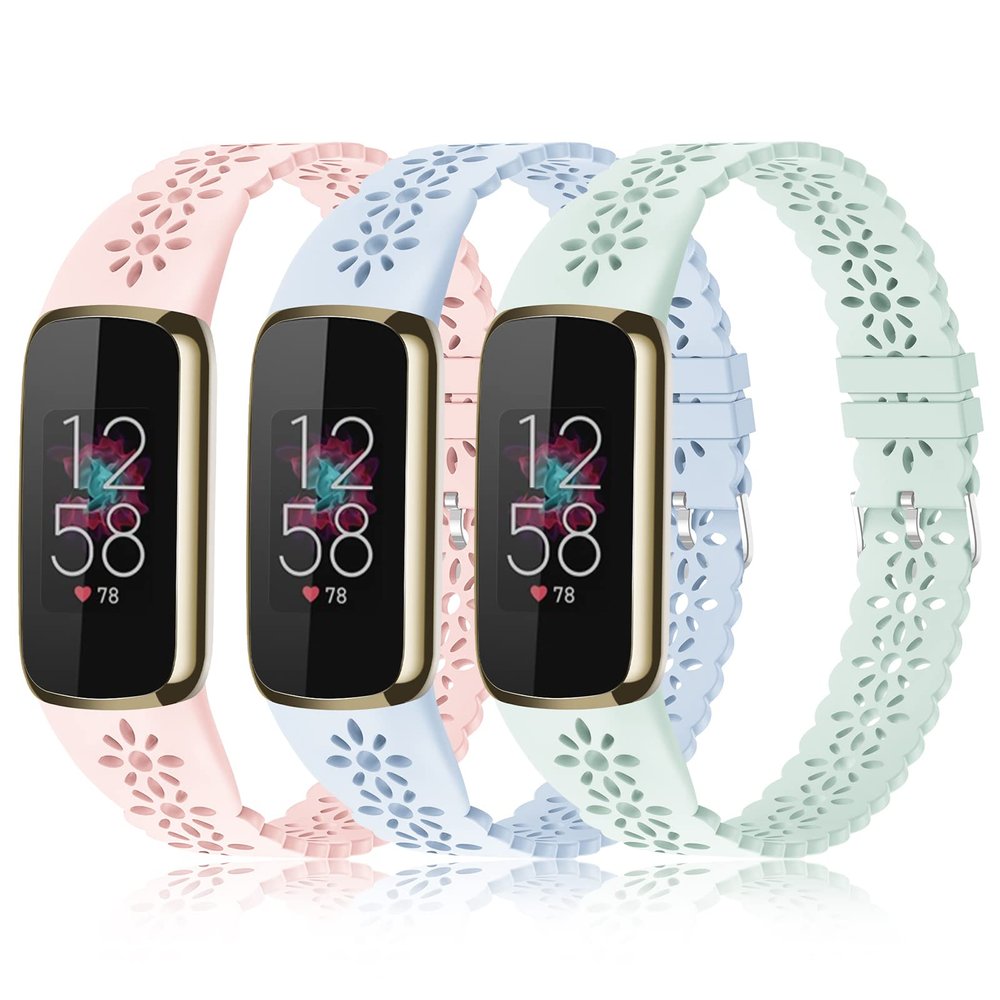3 Pack Slim Sport Bands Compatible with Fitbit Luxe Band for Women, Soft Silicone Lace Thin Hollow-Out Replacement Wristbands Breathable Bands for Fitbit Luxe Fitness Smart Watch