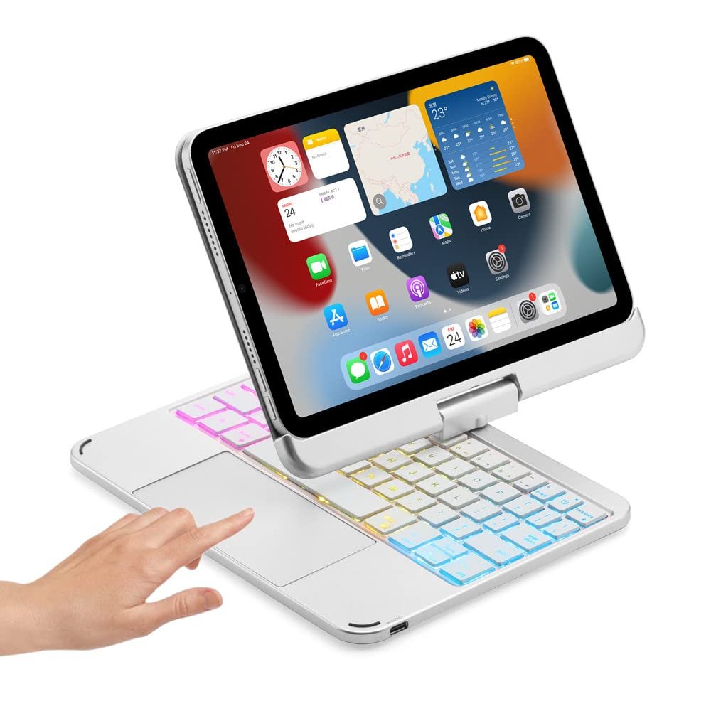 SOUYOYIHI Magnetic 360 Rotating iPad mini A17 Pro 2024/ iPad mini 6 Keyboard Case Touchpad 7 Colors Backlit Keyboard Rotatable Slim Folio Keyboard Cover (Silver)
