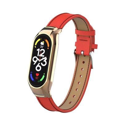T-BLUER Compatible with Xiaomi Mi Band 7 Band,Leather Replacement Strap Wirstband Accessories with Metal Frame for Xiaomi Mi Band 7 Smart Bracelet,Red